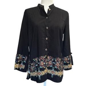 Citron Santa Monica Silk Linen Blouse with Black with dragon floral motif (S)
